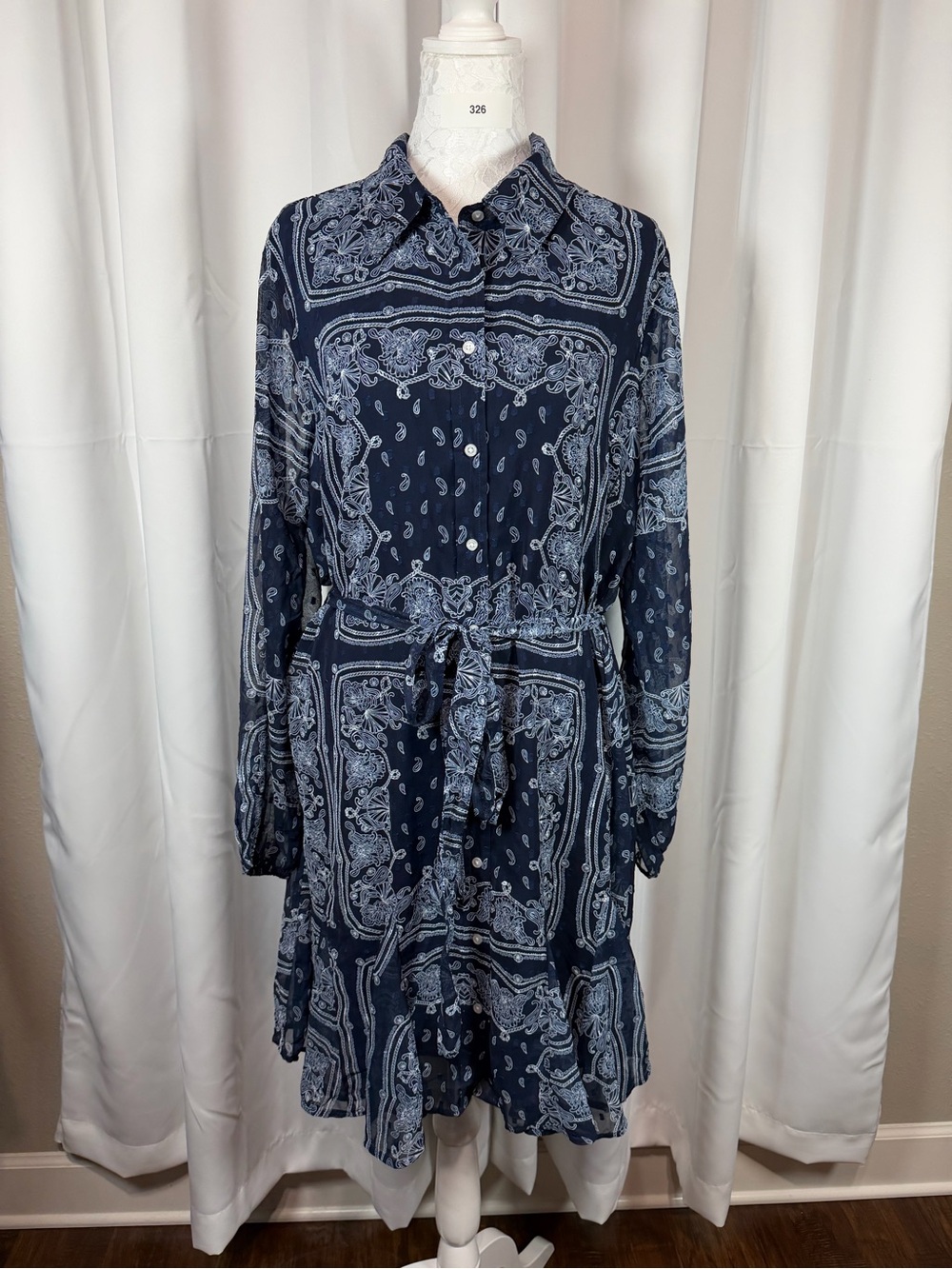 On 34th Plus Size 2X Bandana Paisley Shirt Dress Navy Tie Waist NWT